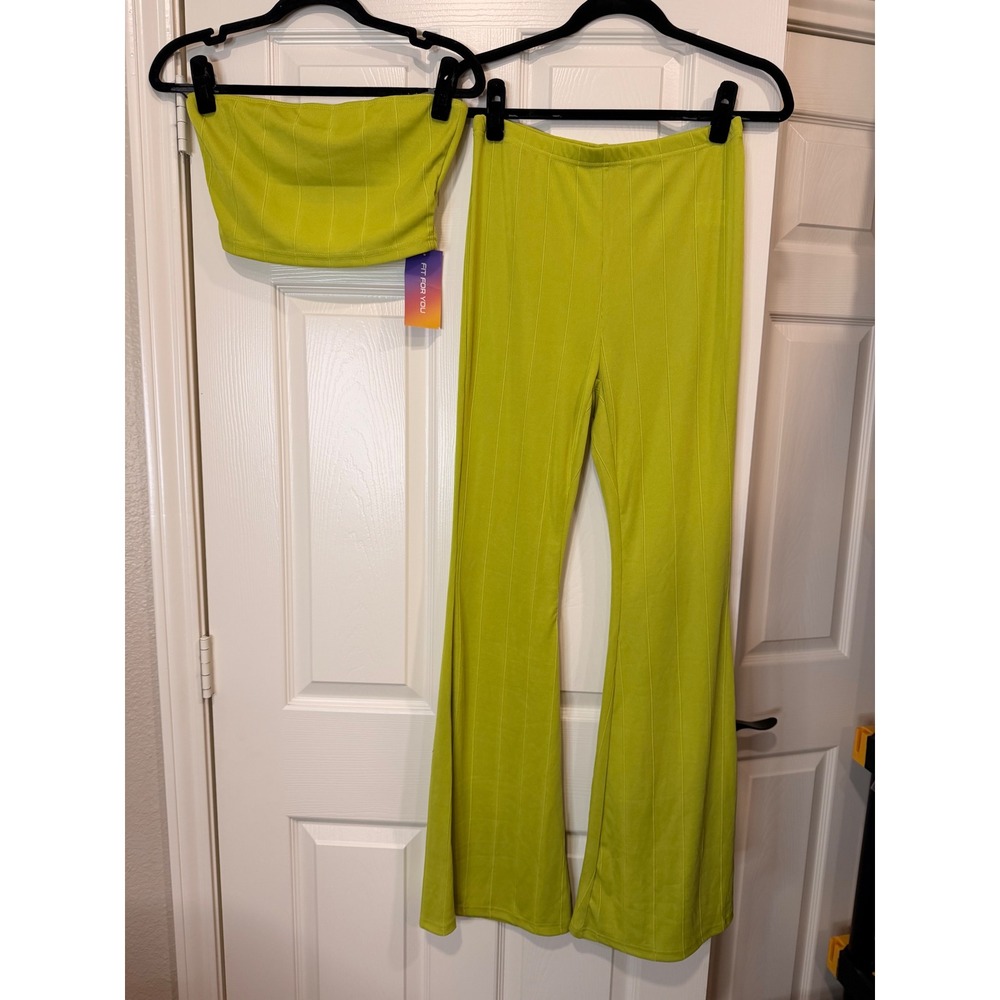 #17 SHEIN 2 Piece Pant Set Sz. Med NWT waist 28"-32" Lime Green flared Bandeau